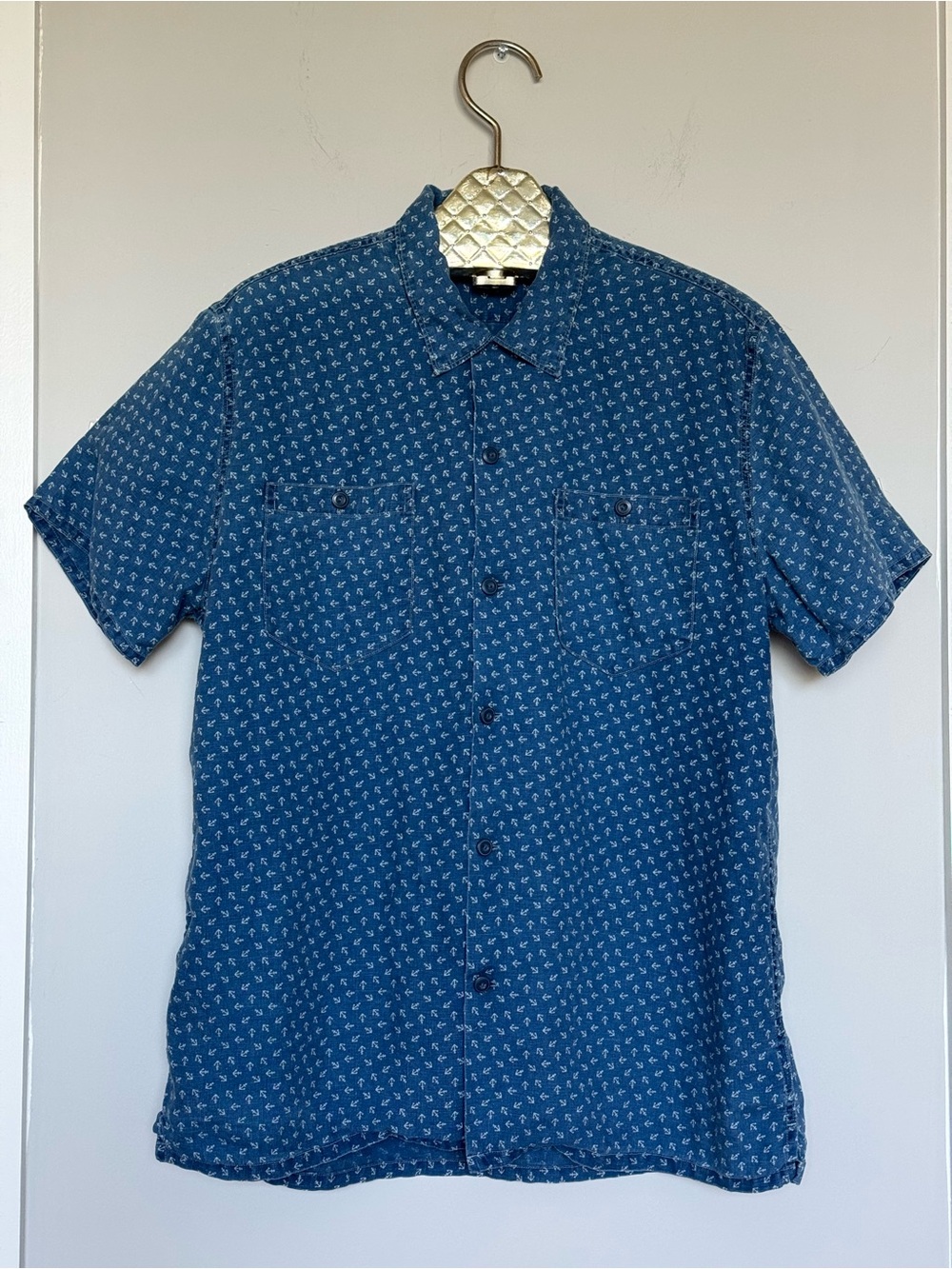 RRL Ralph Lauren Indigo Anchor Print Short Sleeve Button Down Shirt Size Large